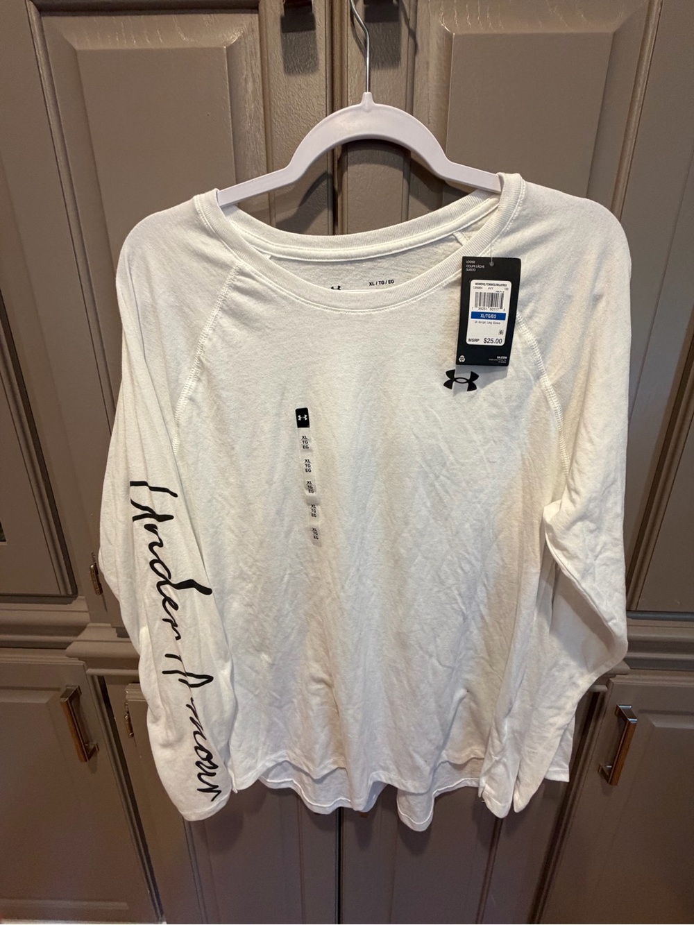 Under Armour White Long Sleeve Logo Tee with Script Sleeve